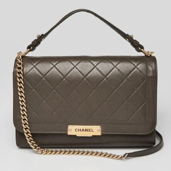 CHANEL Handbags - Chanel Khaki Quilted Leather Click Label Large Shoulder Bag